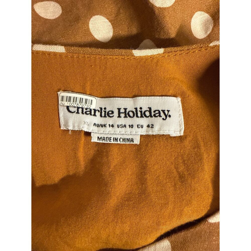 Charlie Holiday Halcyon Polka Dot Open Back Mini Dress Brown Linen Blend Size 10 - Picture 8 of 9